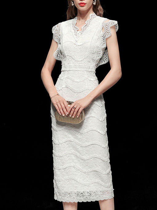 White V-Neck Lace Midi Vintage Wedding Dress
