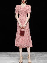 Load image into Gallery viewer, Pink V Neck Floral Print 1940S Mermaid Chiffon Dress