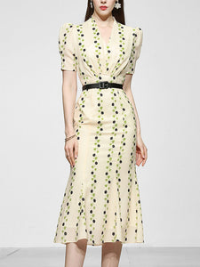 Apricot V Neck Retro Puff Sleeve Waist Slim Print 1940S Fishtail Dress