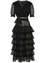 Load image into Gallery viewer, 2PS V-Neck Puff Sleeve Mesh Polka Dot Black Top And Cake Skirt Suit