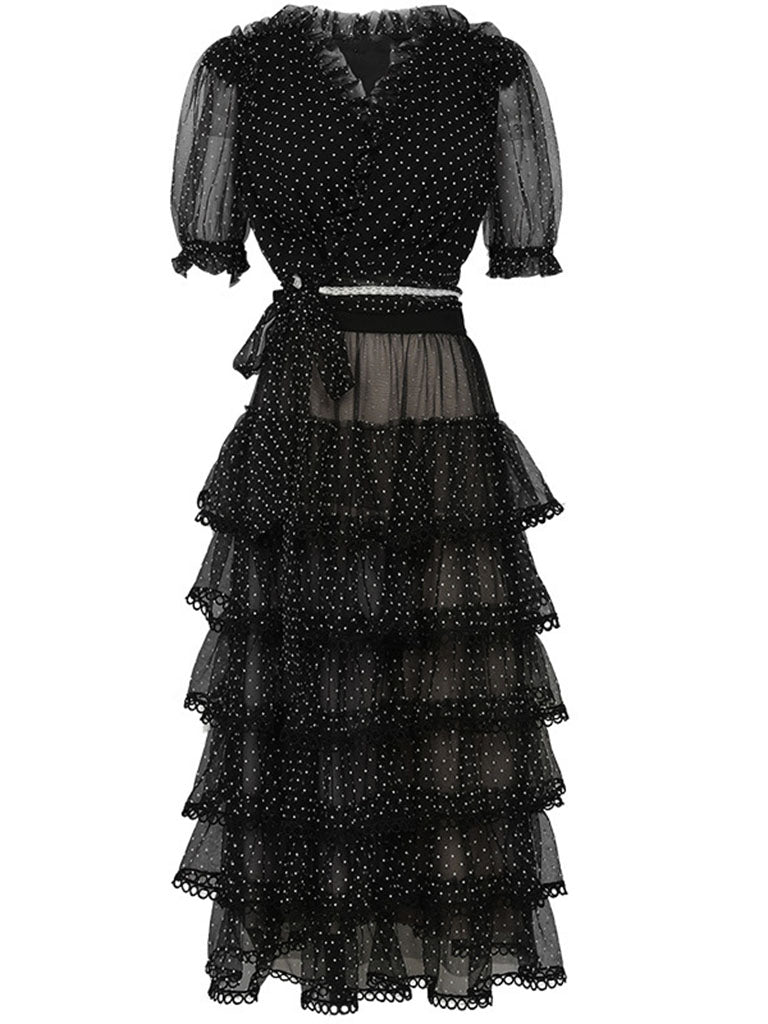2PS V-Neck Puff Sleeve Mesh Polka Dot Black Top And Cake Skirt Suit