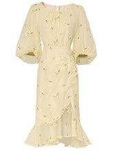 Load image into Gallery viewer, 3 Color Crew Neck Lantern Sleeve Ruffle Embroidered Beaded Fishtail Vintage Dress
