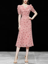 Load image into Gallery viewer, Pink V Neck Floral Print 1940S Mermaid Chiffon Dress