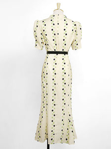 Apricot V Neck Retro Puff Sleeve Waist Slim Print 1940S Fishtail Dress