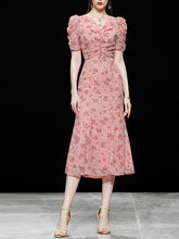 Load image into Gallery viewer, Pink V Neck Floral Print 1940S Mermaid Chiffon Dress