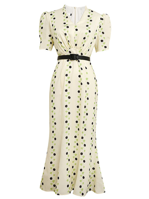 Apricot V Neck Retro Puff Sleeve Waist Slim Print 1940S Fishtail Dress