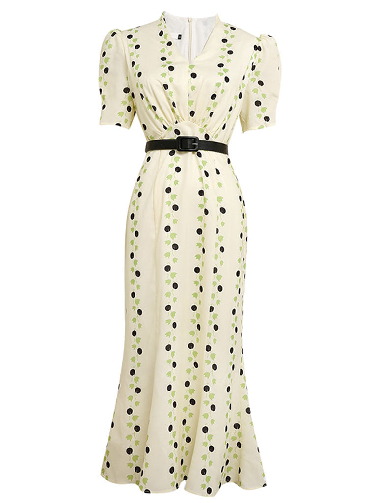 Apricot V Neck Retro Puff Sleeve Waist Slim Print 1940S Fishtail Dress