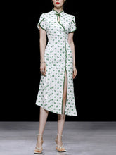 Load image into Gallery viewer, Petal Sleeve Sexy Fishtail Slit Print Cheongsam Dress