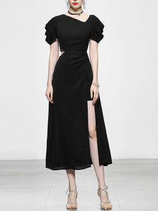 1960S Asymmetric Neck Waist Cutout Slit Party Sexy Dress