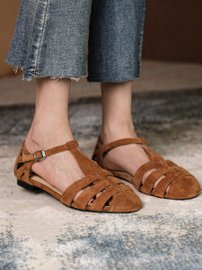 Women's Flats Sandals Piont Toe Hollow Belt Leather Vintage Shoes