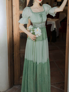 Green Square Collar Garden Vintage Dress