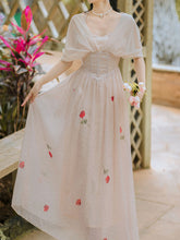 Load image into Gallery viewer, White Rose Polka Dots Deep V Neck Butterfly Sleeve Vintage Dress