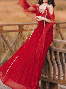 Red Bling Off Shoulder Lace Belt Maxi Dress Vintage Style Dress