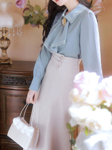 2PS Light Blue Victorian Scarf Neck Shirt And White Swing Skirt Suit