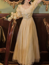 Load image into Gallery viewer, Yellow Lace V Neck Vintage Princess Puff Sleeve Maxi Evening Dress