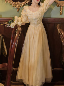 Yellow Lace V Neck Vintage Princess Puff Sleeve Maxi Evening Dress