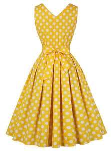 Yellow Polka Dots V Neck 1950S Vintage Belle Style Swing Dress
