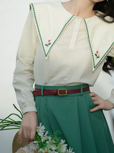 2PS Green Embroidered Overlap Collar Shirt And Swing Skirt Suit