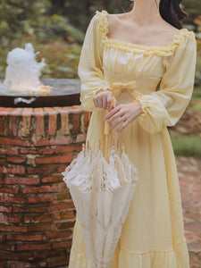 Yellow Pearl Square Neck Lace 1950S Swing Dress