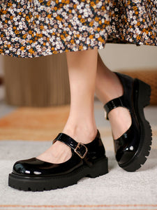 Black Women's Platform Shoes Square Toe Leather Vintage Shoes