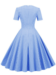 Stripe Square Collar 1950S Dress With Pockets