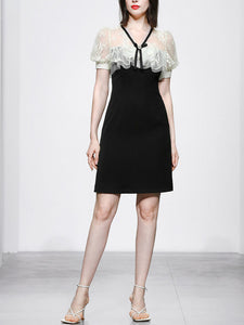 Fairy White Lace Sweet Luxury Short V-neck Mini Black Dress Party Dress