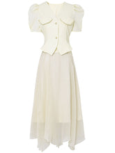 Load image into Gallery viewer, 2PS Apricot V Neck Puff Sleeve Top And Irregular Gauze Skirt Set