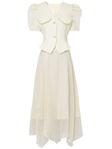 2PS Apricot V Neck Puff Sleeve Top And Irregular Gauze Skirt Set