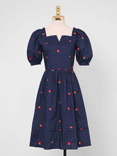 Load image into Gallery viewer, Navy Embroidered Vintage Square Neck Puff Sleeve Mini Dress