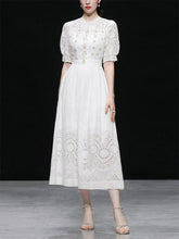 Load image into Gallery viewer, White Hollow Embroidered Pearl Puff Sleeve Lace Sweet Vintage Princess Dress