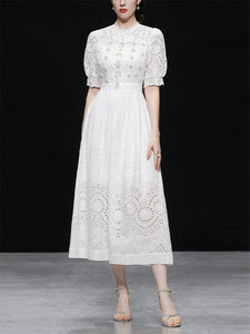 White Hollow Embroidered Pearl Puff Sleeve Lace Sweet Vintage Princess Dress