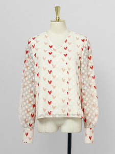 2PS White And Red Sweet Heart V Neck Shirt And Red Wide-Leg Pants Set