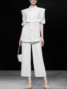 2PS Casual White Shirt And White Wide Leg Pants Ninth Pants Pants Set