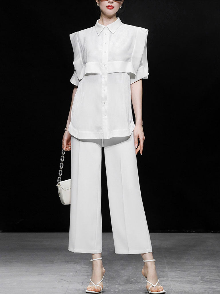 2PS Casual White Shirt And White Wide Leg Pants Ninth Pants Pants Set