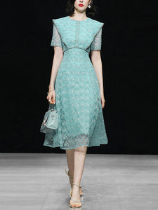 Vintage Teal Short Sleeve Pearl Neck Waist Embroidered Dress