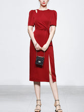 Load image into Gallery viewer, Red Slim Fit Crew Neck Puff Sleeve Satin Dress Vintage Dress