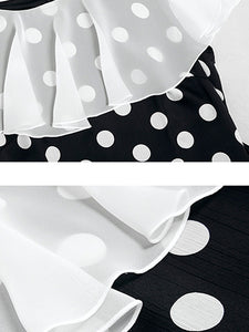 Black And White Polka Dot Vintage Lotus Leaf Cape Waist Slim Elegant Fishtail Dress