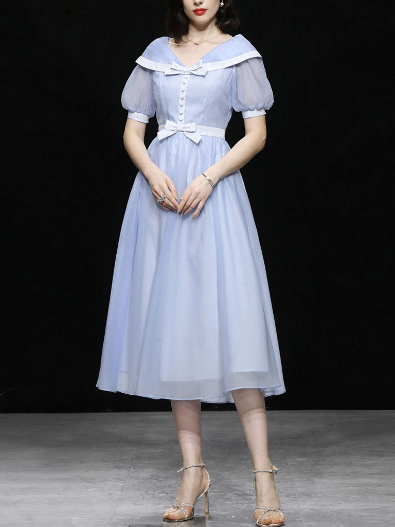 Baby Blue Big Shawl Collar Sweet Bow Vintage Princess Dress, Blue / XS Baby Blue Big Shawl Collar Sweet Bow Vintage Princess Dress, Blue / XS