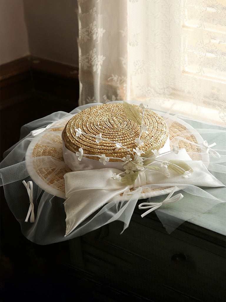 Straw Hat Beige With Bow Lace Tulle For Holiday
