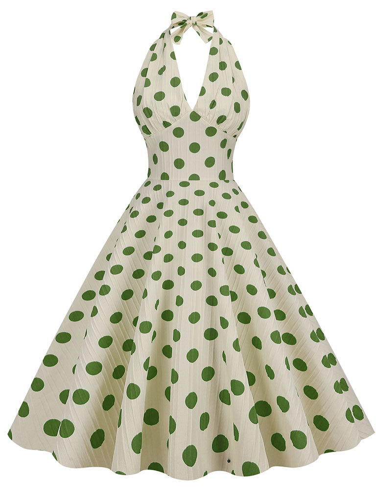 Women's 1950s Vintage Polka Dot Halter Swing Dress - Rockabilly Cocktail Dress With Sweetheart Neckline, Plum Blossom, XX-Large