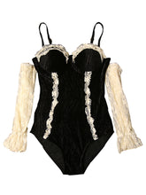 Load image into Gallery viewer, Black And White Lace Cold Shoulder Ruffles Swimsuit With Long Sleeve One Piece Swimwear