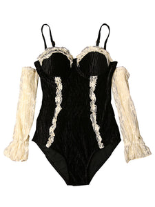 Black And White Lace Cold Shoulder Ruffles Swimsuit With Long Sleeve One Piece Swimwear