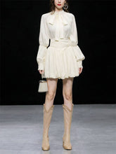 Load image into Gallery viewer, 2PS Apricot Lantern Sleeves Pearl Bow Ribbon Shirt With Pleated Short Skirt Suit
