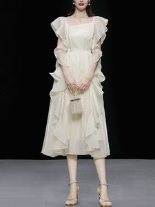 Apricot Ruffled PearlFairy Dress Light Luxury 1950S dress
