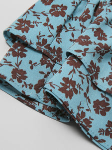 Blue Vintage Puff Sleeve Ruffled Floral Print Bow Summer Dress