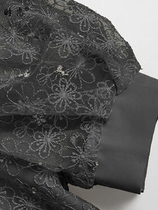 Black Bellflower Embroidered Design Long Lace Pleated Dress