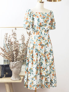 Floral Print Square Collar Puff Sleeve 1950S Dress