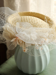Straw Hat Beige With Flower Lace Tulle Vintage Hat