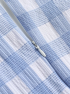 Blue And White Plaid V Neck 1950S Dress With Belt