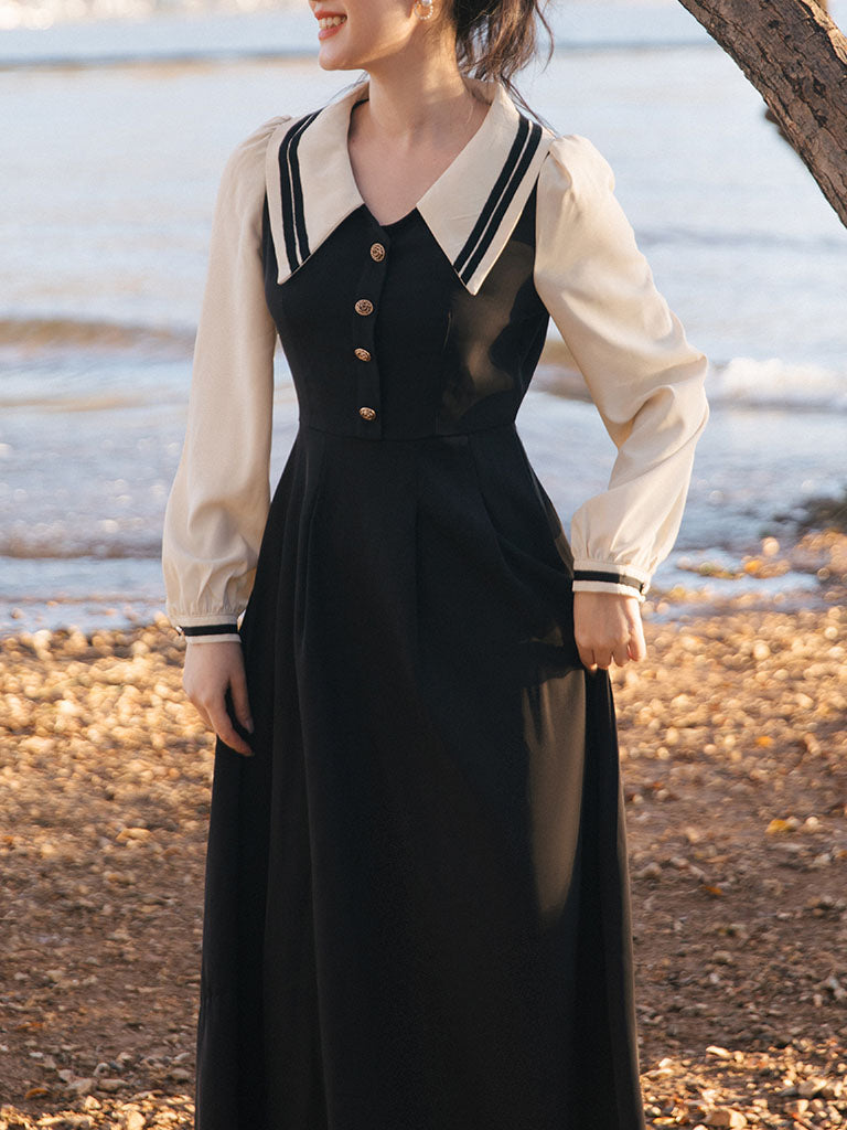 Black Sailor Collar Long Sleeve Swing Vintage Dress, Black / M